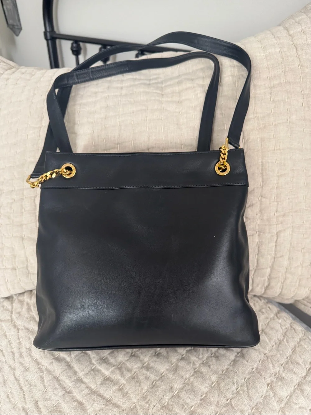 Paloma Picasso Black Leather Shoulder Bag with Kisslock Coin Purse
